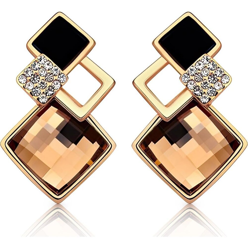 🆕 Women Brown Rhombus Earrings Azuria Crystals 18K Plated Simulated Topaz Cute